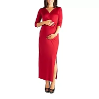 24seven Comfort Apparel Womens Maternity V Neck 3/4 Sleeve Maxi Dress
