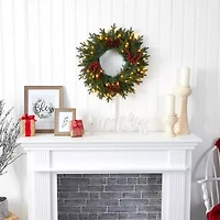 Nearly Natural 24in. Green Pine Artificial Christmas Wreath With 50 Warm White Led Lights; Berries And Pine Cones Pre-Lit Wreath