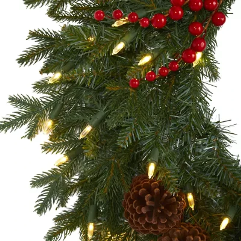 Nearly Natural 24in. Green Pine Artificial Christmas Wreath With 50 Warm White Led Lights; Berries And Pine Cones Pre-Lit Wreath