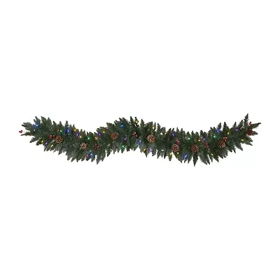 Nearly Natural 6ft. Snow Dusted Artificial Christmas Garland With 50 Multicolored Led Lights; Berries And Pinecones Pre-Lit Christmas Indoor Garland