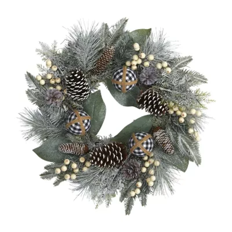 Nearly Natural 24in. Snow Tipped Holiday Artificial Wreath With Berries; Pine Cones And Ornaments Wreath