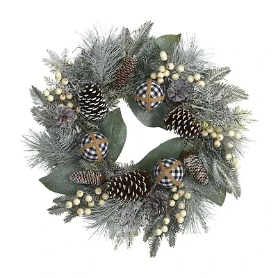 Nearly Natural 24in. Snow Tipped Holiday Artificial Wreath With Berries; Pine Cones And Ornaments Wreath