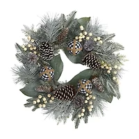 Nearly Natural 24in. Snow Tipped Holiday Artificial Wreath With Berries; Pine Cones And Ornaments Wreath