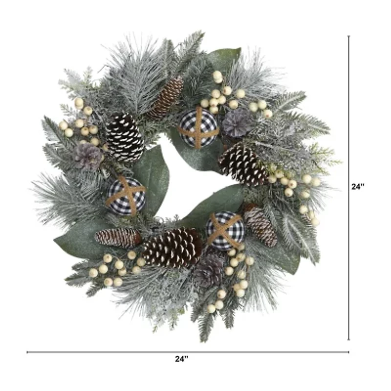Nearly Natural 24in. Snow Tipped Holiday Artificial Wreath With Berries; Pine Cones And Ornaments Wreath