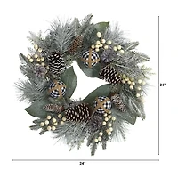 Nearly Natural 24in. Snow Tipped Holiday Artificial Wreath With Berries; Pine Cones And Ornaments Wreath