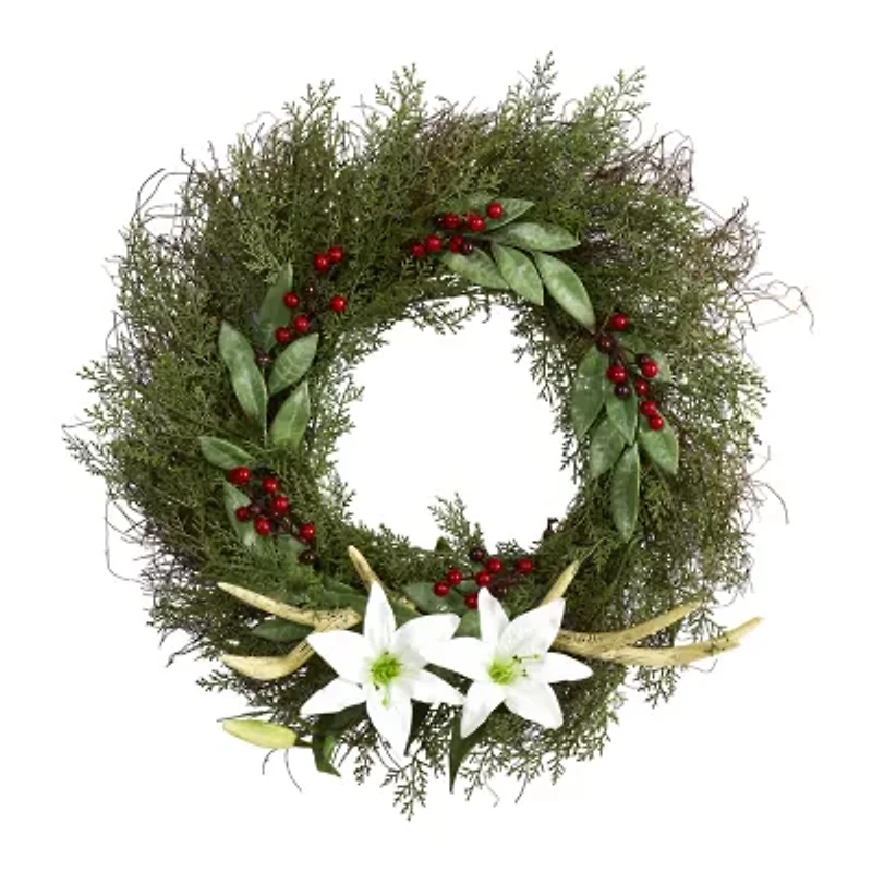 Nearly Natural 20in. Cedar; Antlers; Lily And Ruscus With Berries Artificial Wreath Wreath
