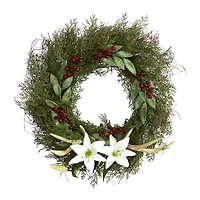 Nearly Natural 20in. Cedar; Antlers; Lily And Ruscus With Berries Artificial Wreath Wreath