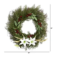 Nearly Natural 20in. Cedar; Antlers; Lily And Ruscus With Berries Artificial Wreath Wreath