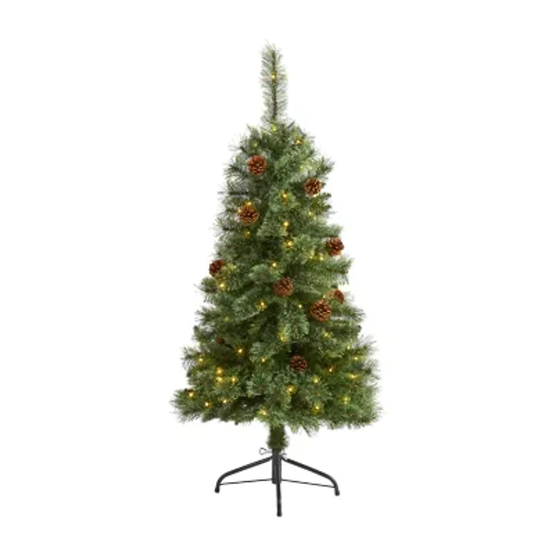 Nearly Natural 4 Foot White Mountain Pine With Pine Cones And 100 Clear Led Lights Pre-Lit Artificial Christmas Tree