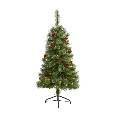 Nearly Natural 4 Foot White Mountain Pine With Pine Cones And 100 Clear Led Lights Pre-Lit Artificial Christmas Tree