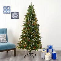 Nearly Natural 6 Foot Snow Tipped Portland Spruce With Frosted Berries And Pinecones With 300 Clear Led Lights Pre-Lit Artificial Christmas Tree