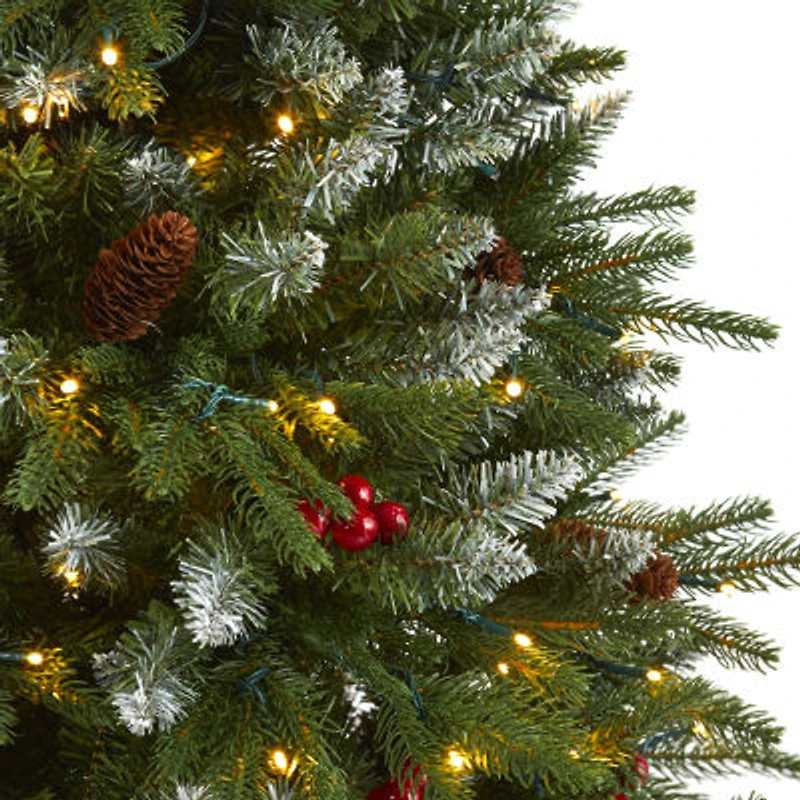 Nearly Natural 6 Foot Snow Tipped Portland Spruce With Frosted Berries And Pinecones With 300 Clear Led Lights Pre-Lit Artificial Christmas Tree