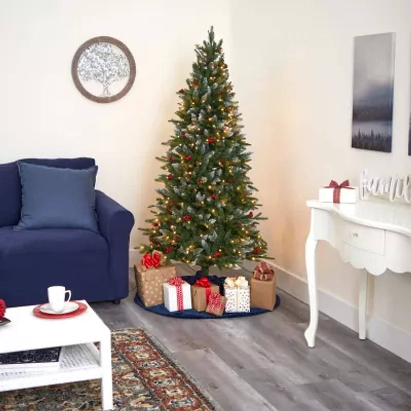 Nearly Natural 6 Foot Snow Tipped Portland Spruce With Frosted Berries And Pinecones With 300 Clear Led Lights Pre-Lit Artificial Christmas Tree