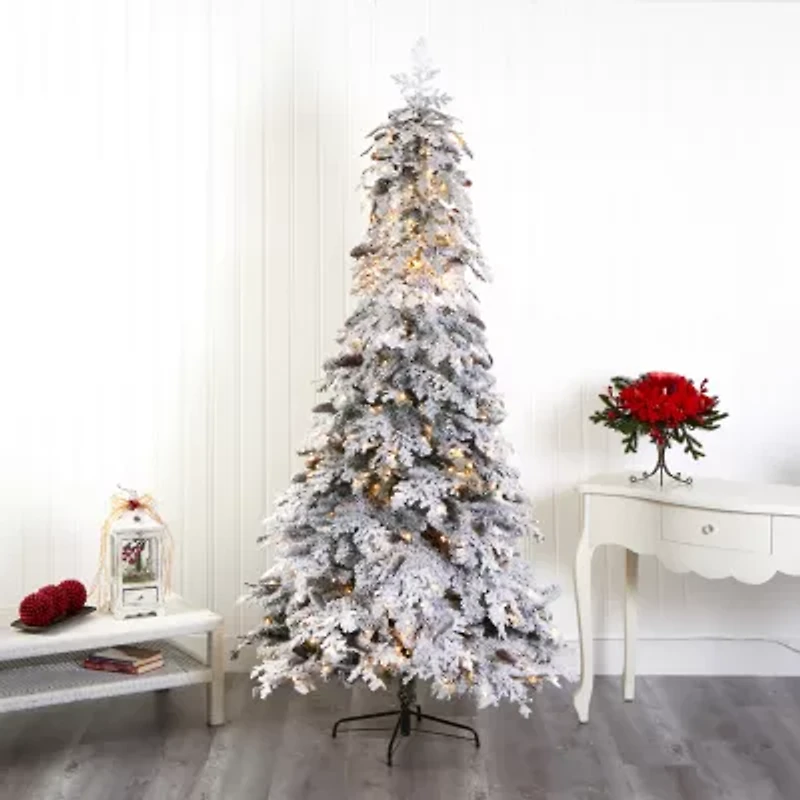 Nearly Natural 8 Foot Flocked Montana Down Swept Spruce With Pinecones And 500 Led Lights Pre-Lit Artificial Christmas Tree