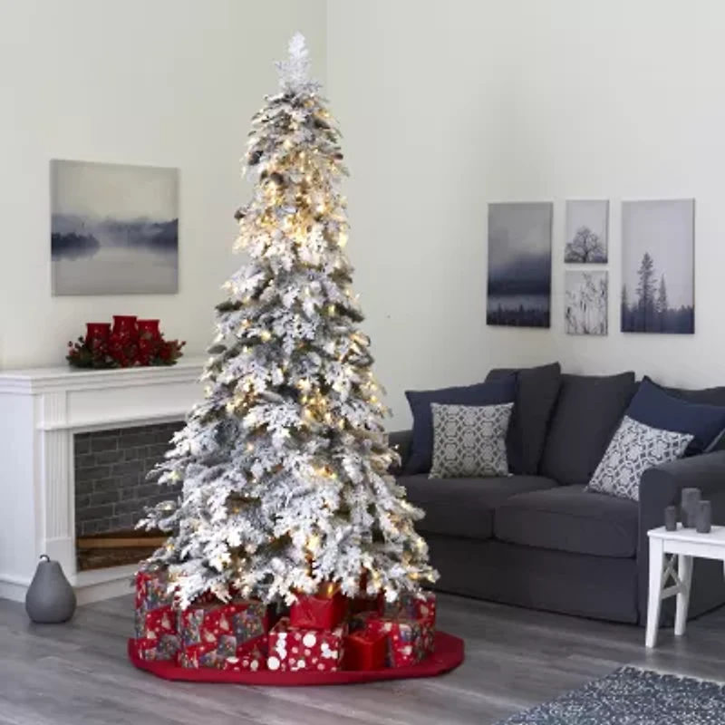 Nearly Natural 8 Foot Flocked Montana Down Swept Spruce With Pinecones And 500 Led Lights Pre-Lit Artificial Christmas Tree