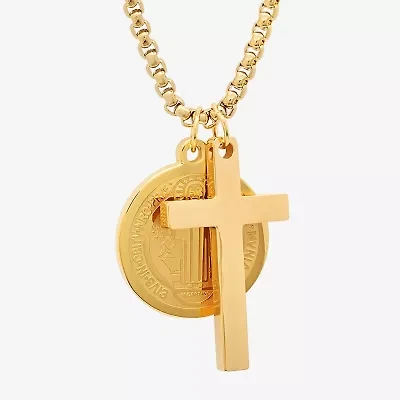 Steeltime Mens 18K Gold Over Stainless Steel Cross Hypoallergenic 24 Inch Pendant Necklace