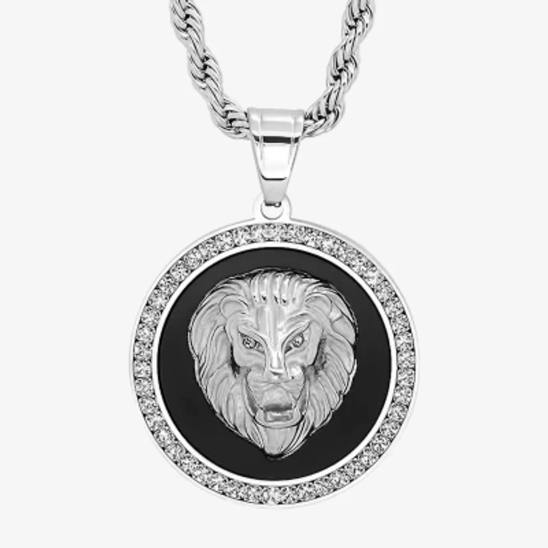 Steeltime Lion Mens Cubic Zirconia Stainless Steel Hypoallergenic 30 Inch Pendant Necklace