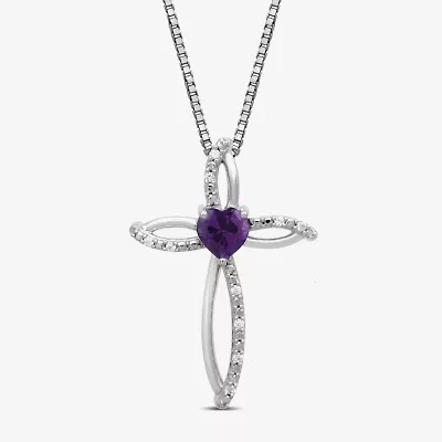 Womens Lab Created Purple Amethyst Sterling Silver Cross Heart 18 Inch Pendant Necklace