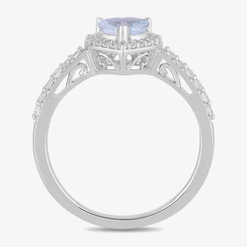 Womens Genuine Blue Aquamarine Sterling Silver Heart Halo Side Stone Cocktail Ring