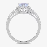 Womens Genuine Blue Aquamarine Sterling Silver Heart Halo Side Stone Cocktail Ring