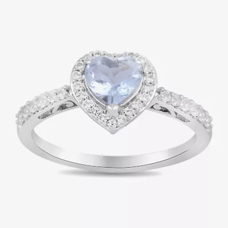 Womens Genuine Blue Aquamarine Sterling Silver Heart Halo Side Stone Cocktail Ring