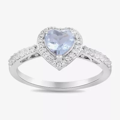 Womens Genuine Blue Aquamarine Sterling Silver Heart Halo Side Stone Cocktail Ring