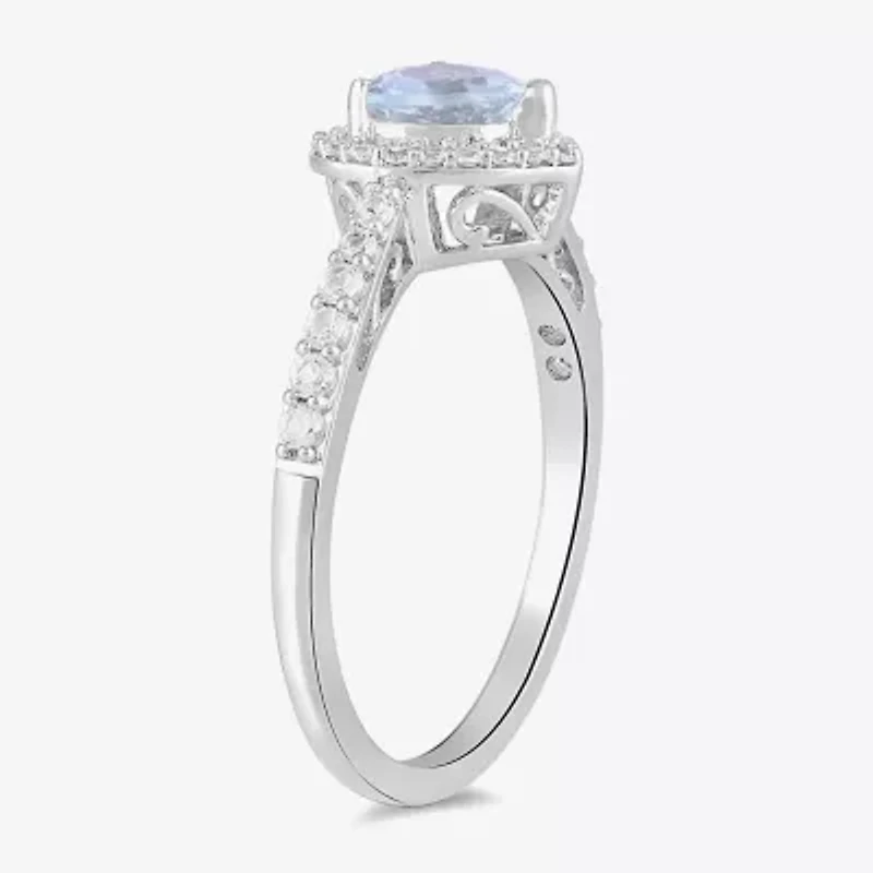 Womens Genuine Blue Aquamarine Sterling Silver Heart Halo Side Stone Cocktail Ring