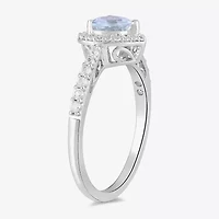 Womens Genuine Blue Aquamarine Sterling Silver Heart Halo Side Stone Cocktail Ring
