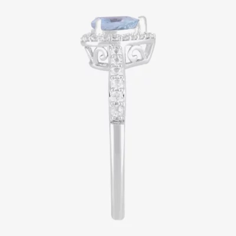 Womens Genuine Blue Aquamarine Sterling Silver Heart Halo Side Stone Cocktail Ring