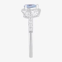 Womens Genuine Blue Aquamarine Sterling Silver Heart Halo Side Stone Cocktail Ring
