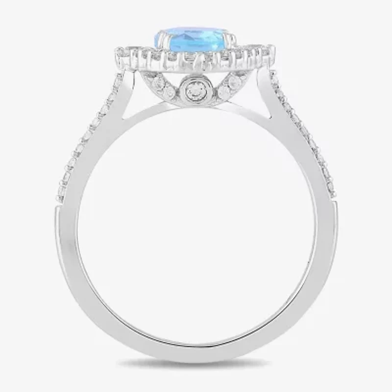 Womens Simulated Blue Aquamarine Sterling Silver Halo Side Stone Cocktail Ring