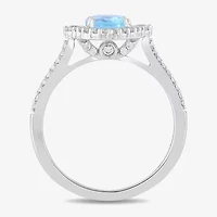 Womens Simulated Blue Aquamarine Sterling Silver Halo Side Stone Cocktail Ring