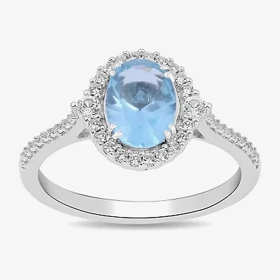 Womens Simulated Blue Aquamarine Sterling Silver Halo Side Stone Cocktail Ring