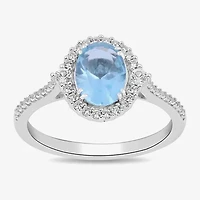 Womens Simulated Blue Aquamarine Sterling Silver Halo Side Stone Cocktail Ring