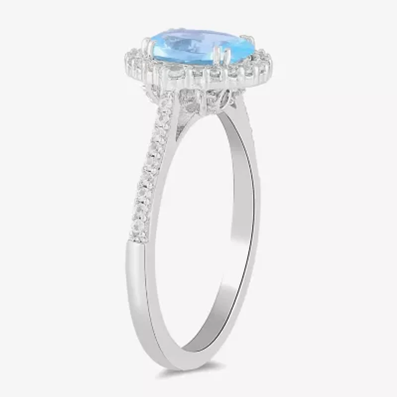 Womens Simulated Blue Aquamarine Sterling Silver Halo Side Stone Cocktail Ring