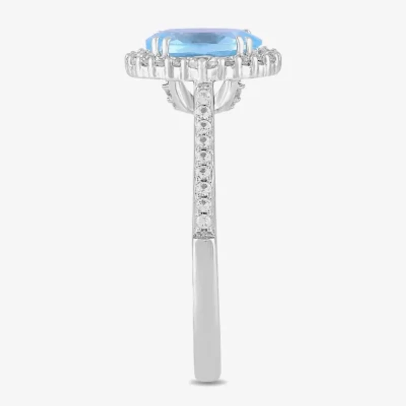 Womens Simulated Blue Aquamarine Sterling Silver Halo Side Stone Cocktail Ring