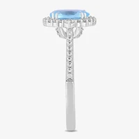 Womens Simulated Blue Aquamarine Sterling Silver Halo Side Stone Cocktail Ring