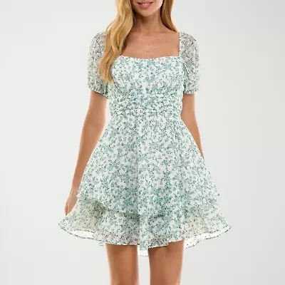 City Triangle Womens Short Sleeve Floral Juniors Fit + Flare Dress