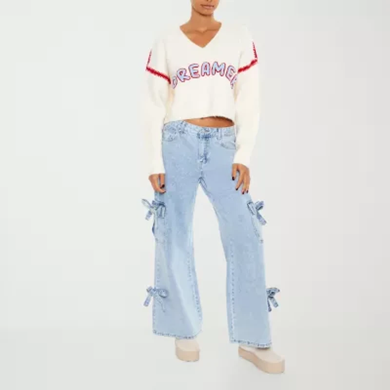 Forever 21 Juniors Dreamer Womens V Neck Long Sleeve Logo Pullover Sweater