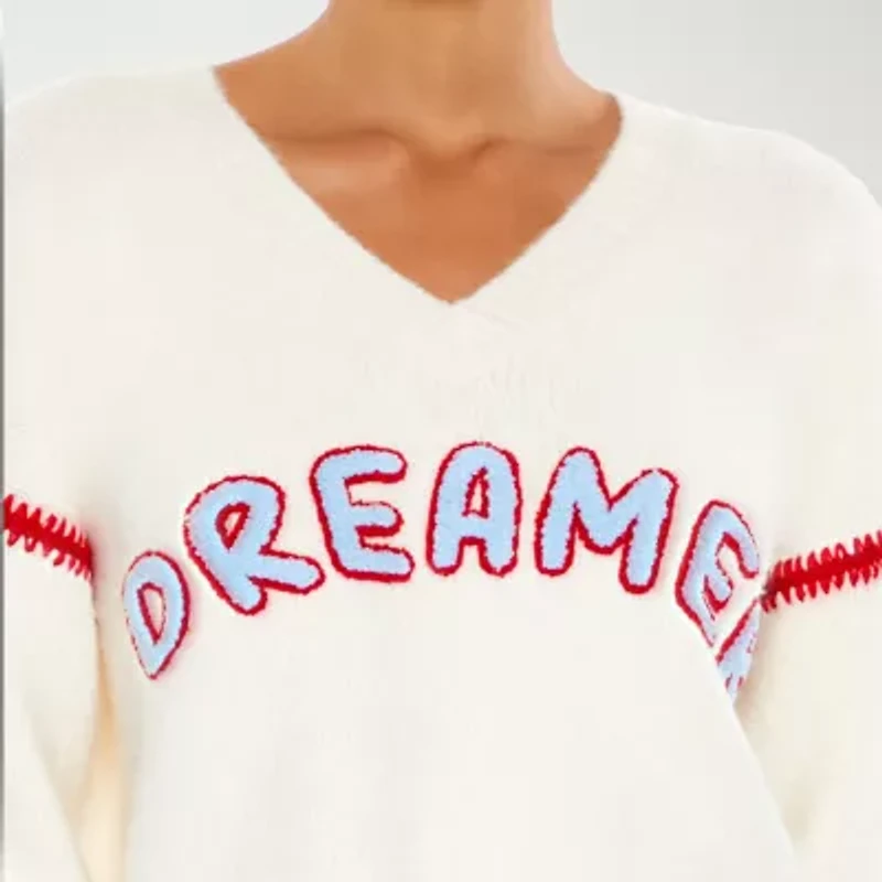 Forever 21 Juniors Dreamer Womens V Neck Long Sleeve Logo Pullover Sweater