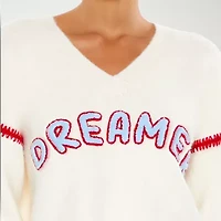 Forever 21 Juniors Dreamer Womens V Neck Long Sleeve Logo Pullover Sweater
