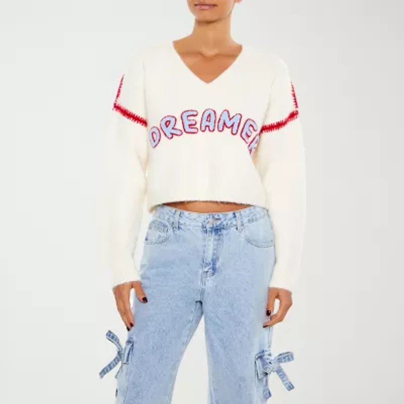 Forever 21 Juniors Dreamer Womens V Neck Long Sleeve Logo Pullover Sweater