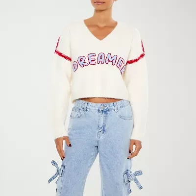 Forever 21 Juniors Dreamer Womens V Neck Long Sleeve Logo Pullover Sweater