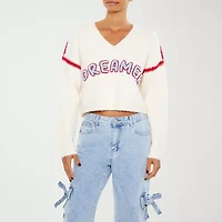 Forever 21 Juniors Dreamer Womens V Neck Long Sleeve Logo Pullover Sweater