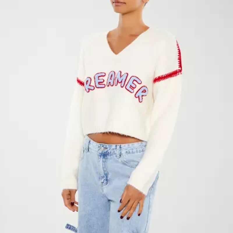 Forever 21 Juniors Dreamer Womens V Neck Long Sleeve Logo Pullover Sweater