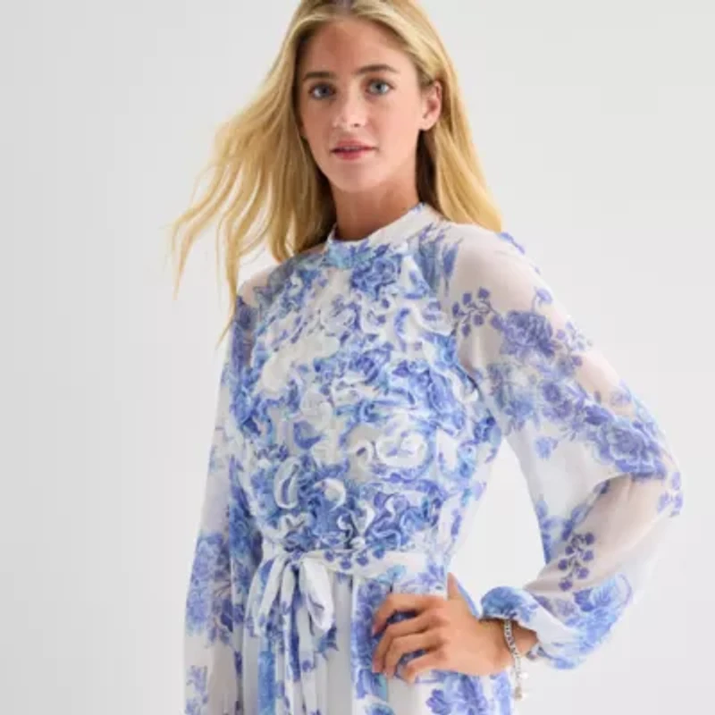 Melonie T Womens Long Sleeve Floral Maxi Dress