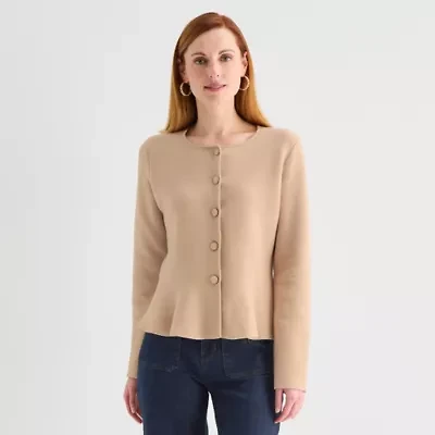 Liz Claiborne Womens Crew Neck Long Sleeve Button Cardigan