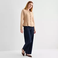 Liz Claiborne Womens Crew Neck Long Sleeve Button Cardigan