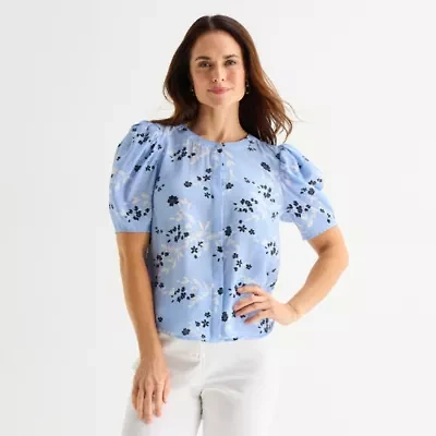 Liz Claiborne Womens Round Neck Short Sleeve Blouse
