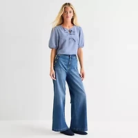 St. John's Bay Womens Split Tie Neck Short Sleeve Blouse